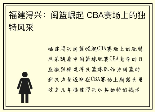 福建浔兴：闽篮崛起 CBA赛场上的独特风采